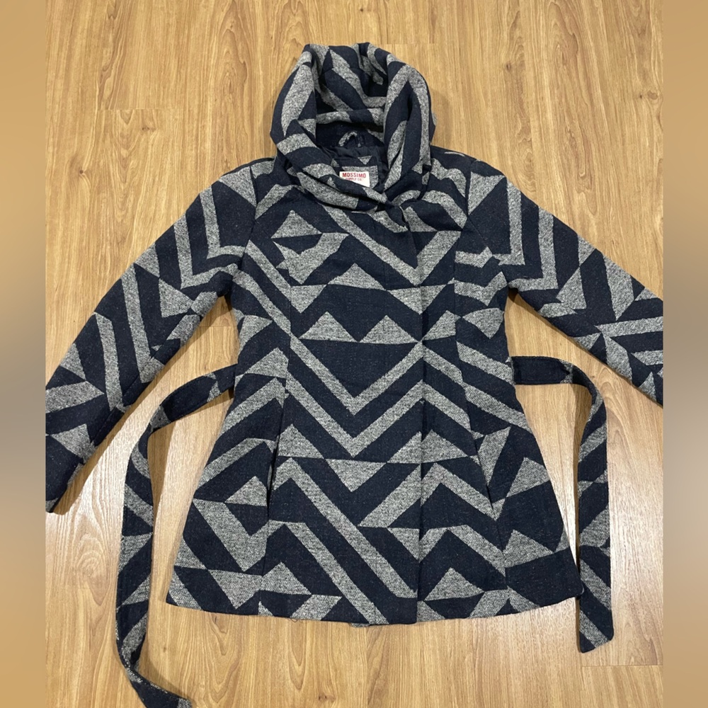 Mossimo Geometric Patterned Cowl Neck Navy & Gray Coat, Women’s Small